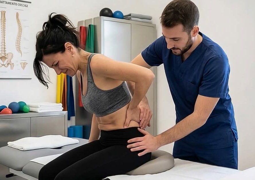 Fisioterapista valuta il dolore al coccige di una paziente seduta sul lettino