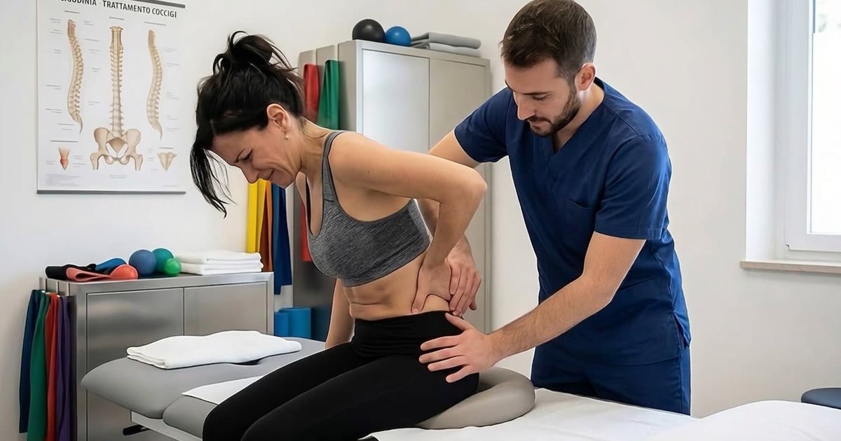 Fisioterapista valuta il dolore al coccige di una paziente seduta sul lettino